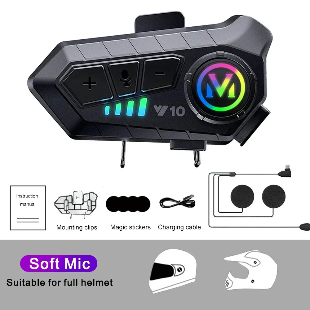 Auriculares Bluetooth 5.3 para casco de motocicleta Y10 con luces de colores, resistentes al agua, inalámbricos, manos libres y resistentes al agua.