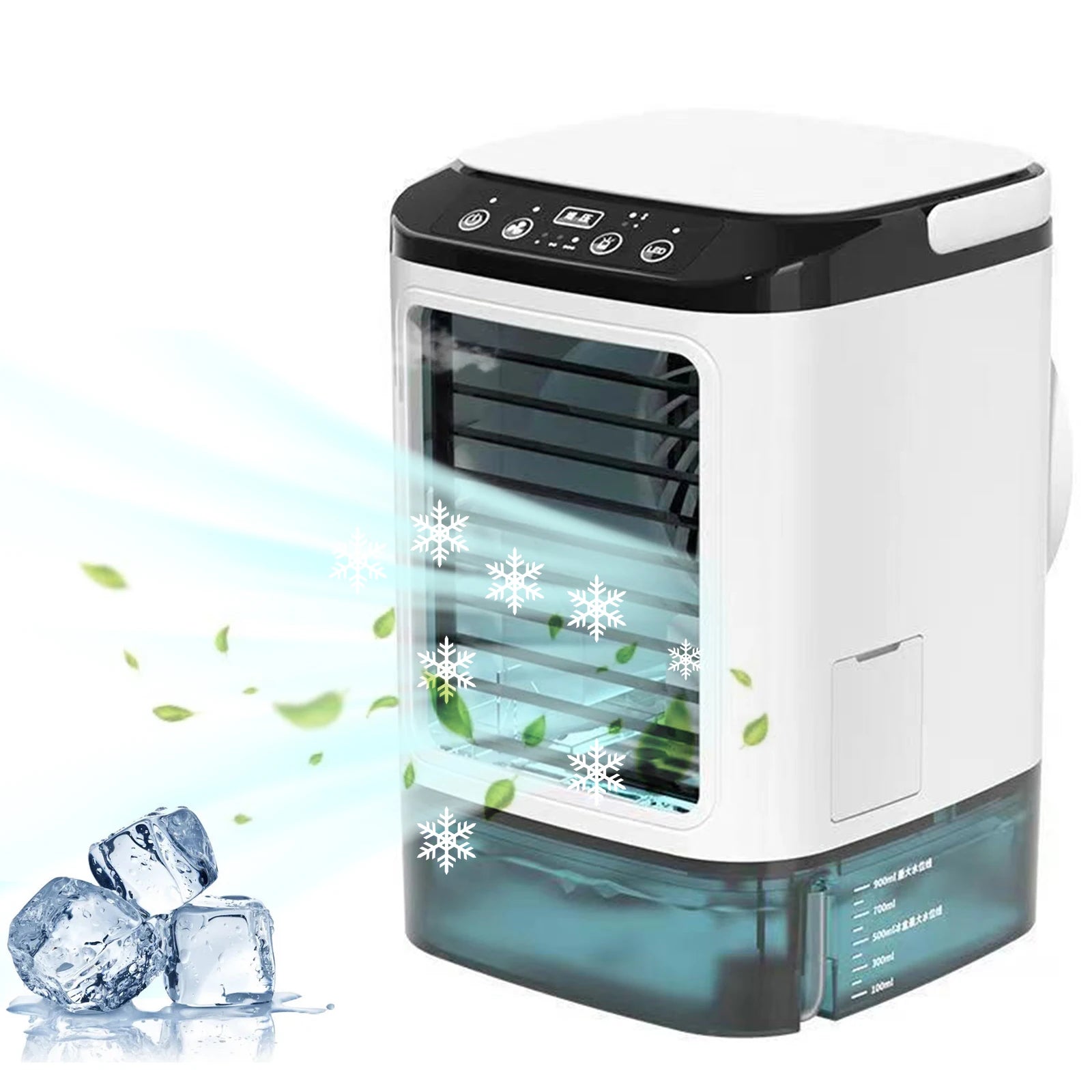 Aire acondicionado portátil, ventilador de escritorio con luz ambiental de colores, enfriador de aire evaporativo con compartimento para hielo, 3 velocidades de viento.