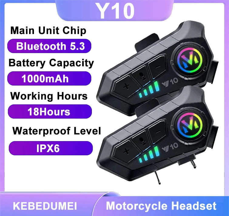 Auriculares Bluetooth 5.3 para casco de motocicleta Y10 con luces de colores, resistentes al agua, inalámbricos, manos libres y resistentes al agua.