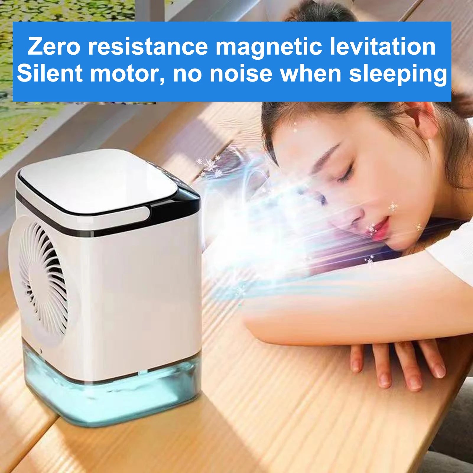 Aire acondicionado portátil, ventilador de escritorio con luz ambiental de colores, enfriador de aire evaporativo con compartimento para hielo, 3 velocidades de viento.
