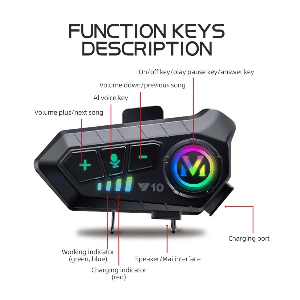 Auriculares Bluetooth 5.3 para casco de motocicleta Y10 con luces de colores, resistentes al agua, inalámbricos, manos libres y resistentes al agua.