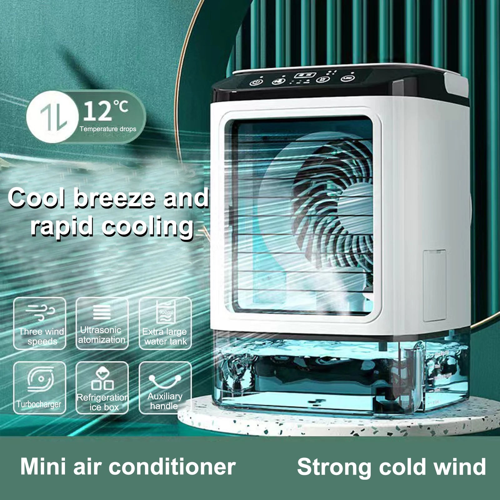 Aire acondicionado portátil, ventilador de escritorio con luz ambiental de colores, enfriador de aire evaporativo con compartimento para hielo, 3 velocidades de viento.
