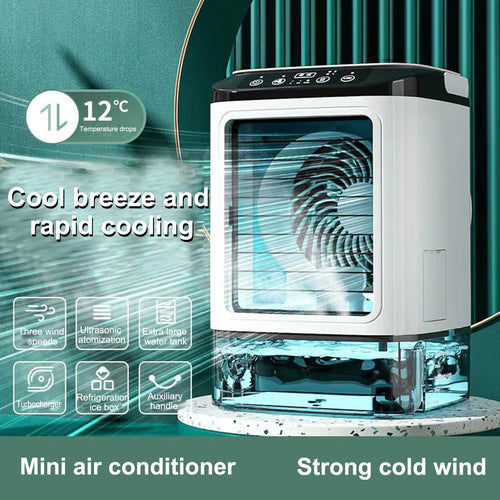Aire acondicionado portátil, ventilador de escritorio con luz ambiental de colores, enfriador de aire evaporativo con compartimento para hielo, 3 velocidades de viento.