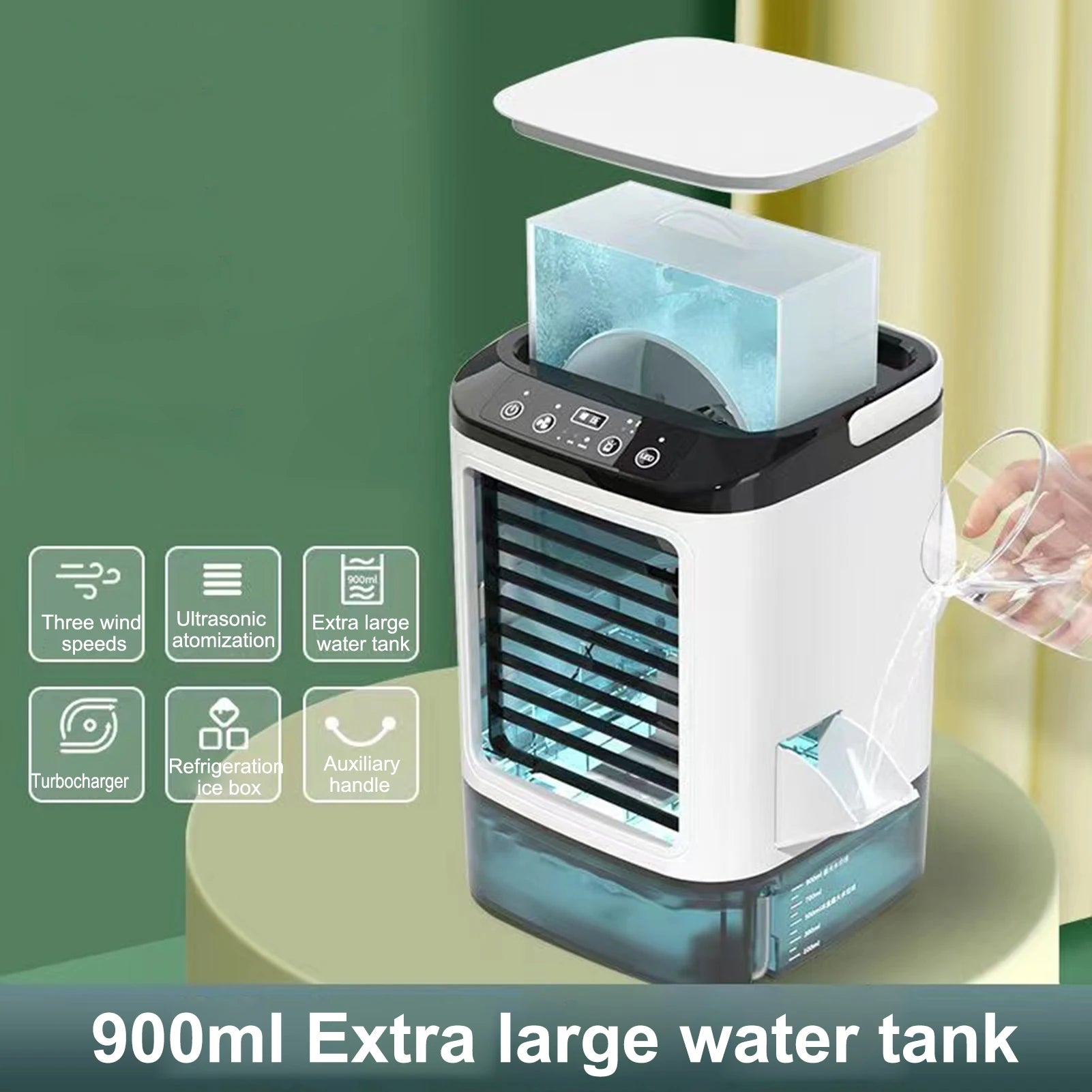 Aire acondicionado portátil, ventilador de escritorio con luz ambiental de colores, enfriador de aire evaporativo con compartimento para hielo, 3 velocidades de viento.
